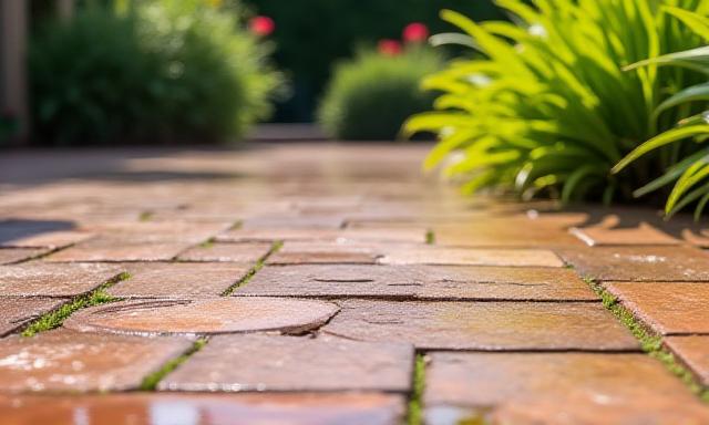 Vibrant, freshly pressure washed patio pavers